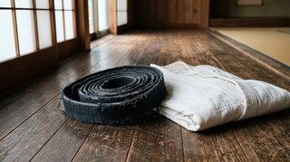Weathered black belt coiled beside gi jacket on worn wooden dojo floor, morning light