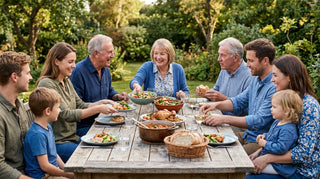 Extended family gathered around outdoor wooden table sharing a hearty home-cooked meal together