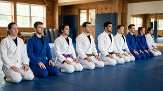 Gracie academy students of varied belt colors lined up kneeling before class begins