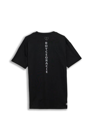 Royce Gracie Patch Tee black t-shirt back view with vertical Royce Gracie print and woven hem tag